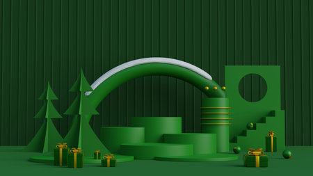 Minimal scene with geometric shape and pine trees on midnight green background.Merry christmas and happy new year presentation.3d rendering illustration.の写真素材