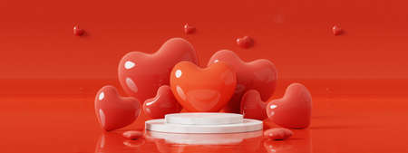 Valentine'day concept.Marble cylinder podium and red glossy heart on red background.Minimal concept of showcase for product mockup. 3D rendering illustration.の写真素材