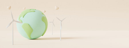 Happy earth day concept.Earth, Wind turbine and Heart with paper texture on pastel color background.Minimal scene for mockup design. 3D rendering illustration.の写真素材