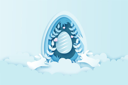 Happy Easter background.Paper art of easter eggs and rabbit with egg shape.Banner template design.Vector illustration.のイラスト素材