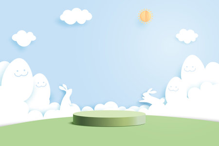 Happy Easter background.Paper art of easter eggs and rabbit with cloud shape on blue sky background.Product display podium mockup, Banner template design.Vector illustration.のイラスト素材