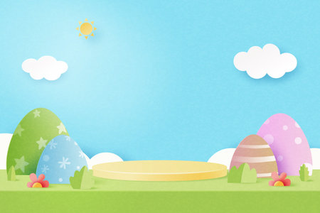 Happy Easter background.Paper art of easter eggs and rabbit with cloud on blue sky background.Product display podium mockup, Banner template design.Vector illustration.のイラスト素材
