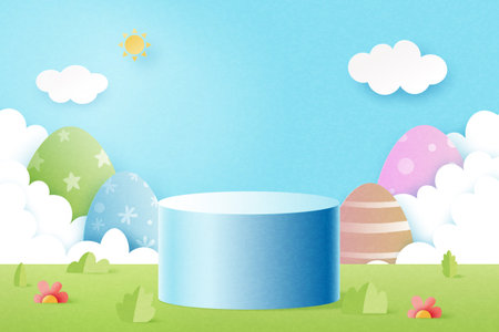 Happy Easter background.Paper art of Product display podium mockup, Banner template design.Vector illustration.のイラスト素材