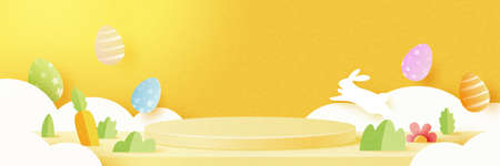 Happy Easter background.Product display podium mockup, Banner template design.Paper Art Vector illustration.のイラスト素材