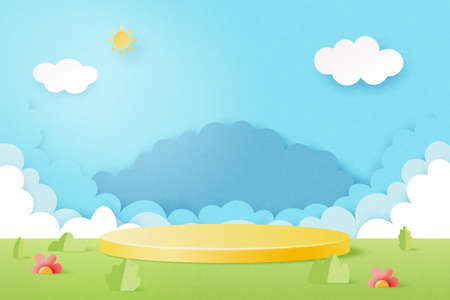 3d Paper cut abstract minimal geometric shape template background.Yellow cylinder podium on Summer season natural landscape scene.Vector illustration.のイラスト素材