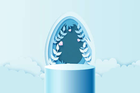 Happy Easter background.Paper art of Product display podium mockup.Banner template design.Vector illustration.のイラスト素材