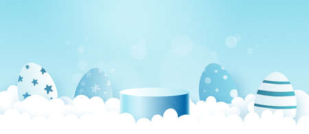 Happy Easter background.Paper art of easter eggs and cloud on blue sky background.Banner template mockup design.Vector illustration.のイラスト素材