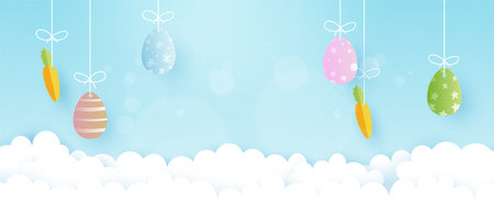 Happy Easter background.Paper art of easter eggs and carrot hanging on cloud with blue sky background.Banner template mockup design.Vector illustration.のイラスト素材