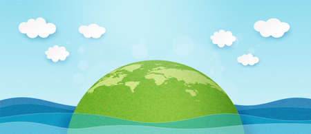 3d Paper art abstract template background.Green earth with ocean wave and clouds on blue sky.Happy Earth Day and World Environment Day.Vector illustration.のイラスト素材