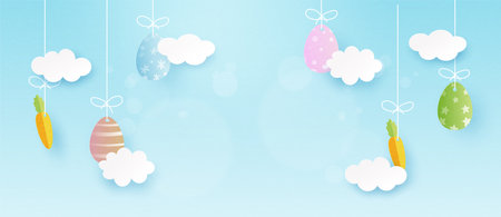 Happy Easter background.Paper art of easter eggs and carrot hanging on cloud with blue sky background.Banner template mockup design.Vector illustration.のイラスト素材