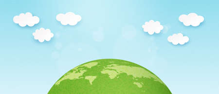 3d Paper art abstract template background.Green earth with clouds on blue sky.Happy Earth Day and World Environment Day.Vector illustration.のイラスト素材