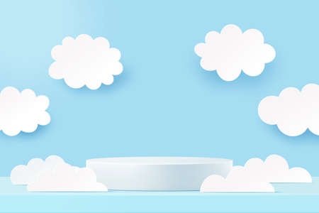 3d Paper cut abstract minimal scene geometric shape template background.3D white cylinder pedestal podium and cloud on blue background.Vector illustration.のイラスト素材