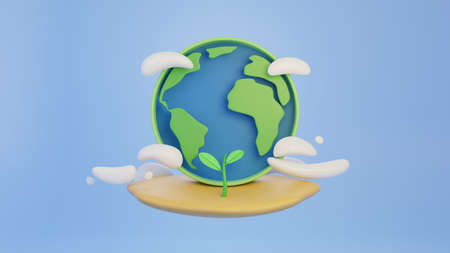 Earth Globe and Clouds.Eco product display banner template background.Minimal scene for mockup design. 3D rendering illustration.の写真素材