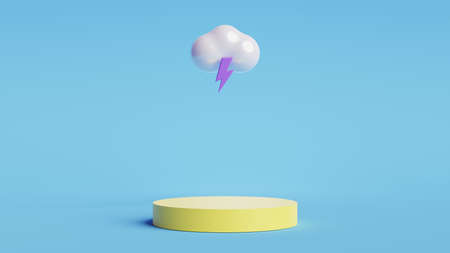Monsoon season offer and sale banner. Cylinder podium, cloud and thunder.3D render illustration.の写真素材