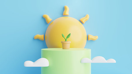 Pot Plant on the green podium with sunligh.Nature, ecology and growth concept. Abstract minimal...
