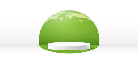 white realistic 3d cylinder pedestal podium. Green Earth in semi circle backdrop. Product display presentation. Minimal scene. Vector Illustration.のイラスト素材