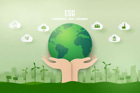 ESG as environmental, social and governance concept.Green ecology and alternative renewable energy.Paper art Vector illustration.のイラスト素材