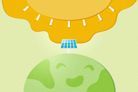 Solar panel on the green earth.Clean energy and eco friendly background.Paper art of ecology and environment concept.Vector illustration.のイラスト素材