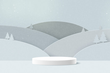 3d Paper cut abstract minimal geometric shape template background.White cylinder podium on mountains landscape.Minimal winter scene background.Vector illustration.のイラスト素材