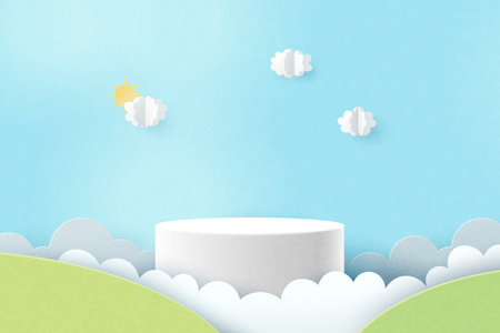 3d Paper cut abstract minimal geometric shape template background.White cylinder podium on clouds and green nature mountains landscape.Vector illustration.のイラスト素材