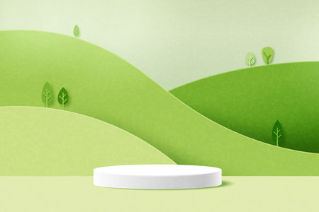 White cylinder podium on green nature mountains landscape.3d Paper cut abstract minimal geometric shape template background.Vector illustration.のイラスト素材