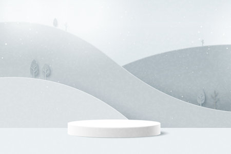 White cylinder podium on mountains landscape.Minimal winter scene background.Vector illustration.3d Paper cut abstract minimal geometric shape template background.のイラスト素材