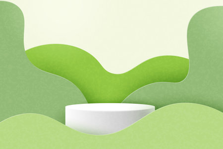 White cylinder podium on green geometric shapes background. 3d Paper cut abstract minimal geometric shape template background.ector illustration.のイラスト素材