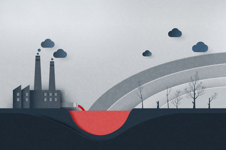 Paper art of Environment with smoke and air pollution from factory industry building.Stop global warming concept. Vector Illustration.のイラスト素材