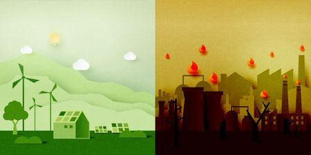 Global warming and climate change concept.Pollution and green environment background.Paper art of...
