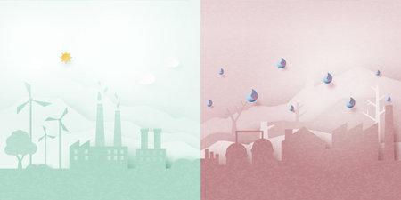 Global warming and climate change concept.Pollution and green environment background.Paper art of ecology and environment concept.Vector illustration.のイラスト素材