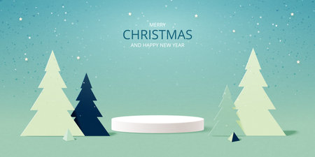 Abstract 3d white cylinder pedestal podium and pine trees on geometric background. Minimal winter scene for Merry Christmas and Happy New Year concept. Vector illustration.のイラスト素材