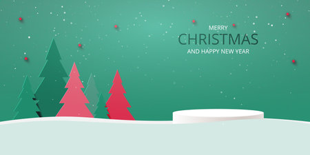 Merry Christmas and Happt New Year concept.Abstract 3d white cylinder pedestal podium and pine trees on minimal winter scene background. Paper cut style vector illustration.のイラスト素材