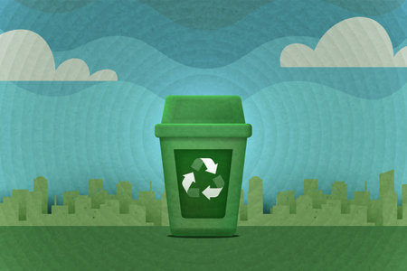 Recycle concept with recycling bin on green city background. Ecology and Environment conservation resource sustainable.Vector illustration.のイラスト素材