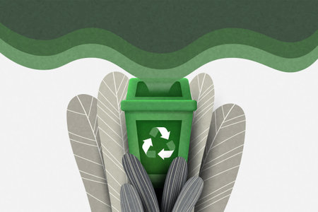 Recycling bin and green leaves background. Recycle concept. Ecology and Environment conservation resource Sustainable development. Vector illustration.のイラスト素材