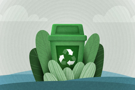 Recycle concept with recycling bin and green leaves background. Ecology and Environment conservation resource Sustainable development. Vector illustration.のイラスト素材