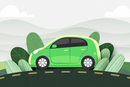Green energy technology concept. Electric car on green nature landscape background. vector illustration designのイラスト素材