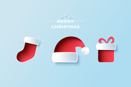 Santa Claus hats, Christmas stockings, sock and Gift Box. Winter and Merry christmas element in paper cut style. Vector illustration.のイラスト素材
