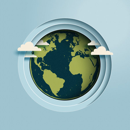 Happy earth day. Ecology and Environment concept. Globe map in the circle frame on blue background. Paper art vector illustration.のイラスト素材