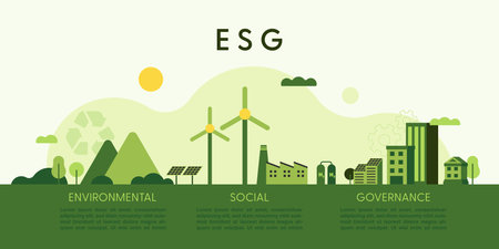 ESG concept, Environmental, Social and Governance. Green eco landscape background. Flat minimal style. Vector Illustration.のイラスト素材