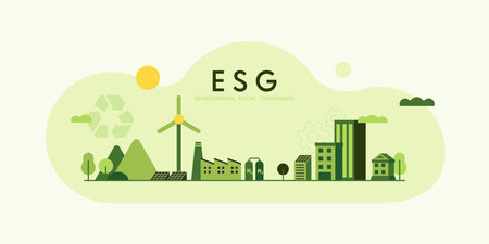 ESG concept, Environmental, Social and Governance. Green eco landscape background. Flat minimal style. Vector Illustration.のイラスト素材