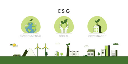 ESG as environmental, social and governance concept.Sustainable of Green ecology and alternative renewable energy. Flat Vector illustration.のイラスト素材