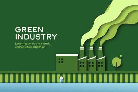 Green Industry. Pipe of factory with green smoke. Paper art of Sustainable energy, ecology and environment concept. Minimal vector illustration.のイラスト素材