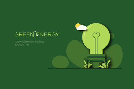 Green light bulb. Green Energy Concept. Sustainable renewable energy sources. Environmental, Social, and Corporate Governance concept. Paper Art Style. Minimal Vector illustration.のイラスト素材