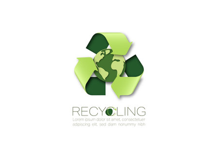 Recycle sign with Eco friendly Earth Globe. Paper art style. Sustainable concept of Green energy. ecology and environment. Vector Illustration.のイラスト素材