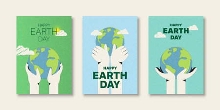 Set of Earth Day poster. Hands holding earth globe Flat Vector Illustration. Ecology and environmental protection concept.のイラスト素材