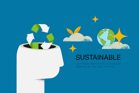 Recycling concept. Human head with Recycle symbol and Earth Globe on background. The concept of sustainable development for business, ecology and environment. Flat vector illustration.のイラスト素材