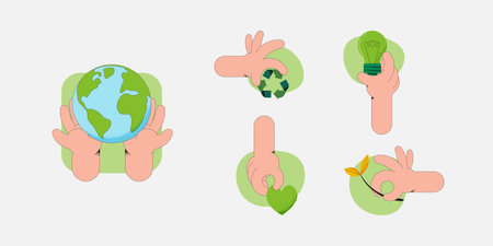 Set of Hand Holding green earth.  Eco friendly icons. Sustainability, ecology and environment Development concept. Vector Illustration.のイラスト素材