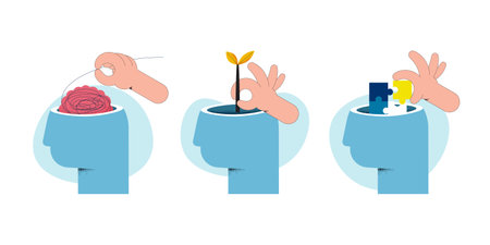 Mental health concept, psychological problem. Human head with jigsaw, plants, brain confused. Flat Vector illustration.のイラスト素材