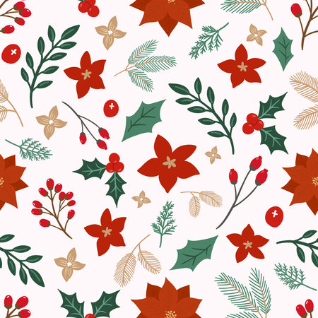 Merry Christmas seamless pattern with floral hand drawn branches and leaves, poinsettia, winter berries. Winter holiday repeated background for wrapping paper, fabric, christmas decoration.のイラスト素材