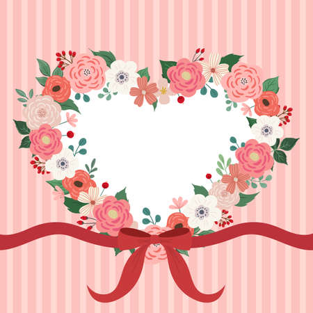 Heart-shaped floral frame and ribbonのイラスト素材